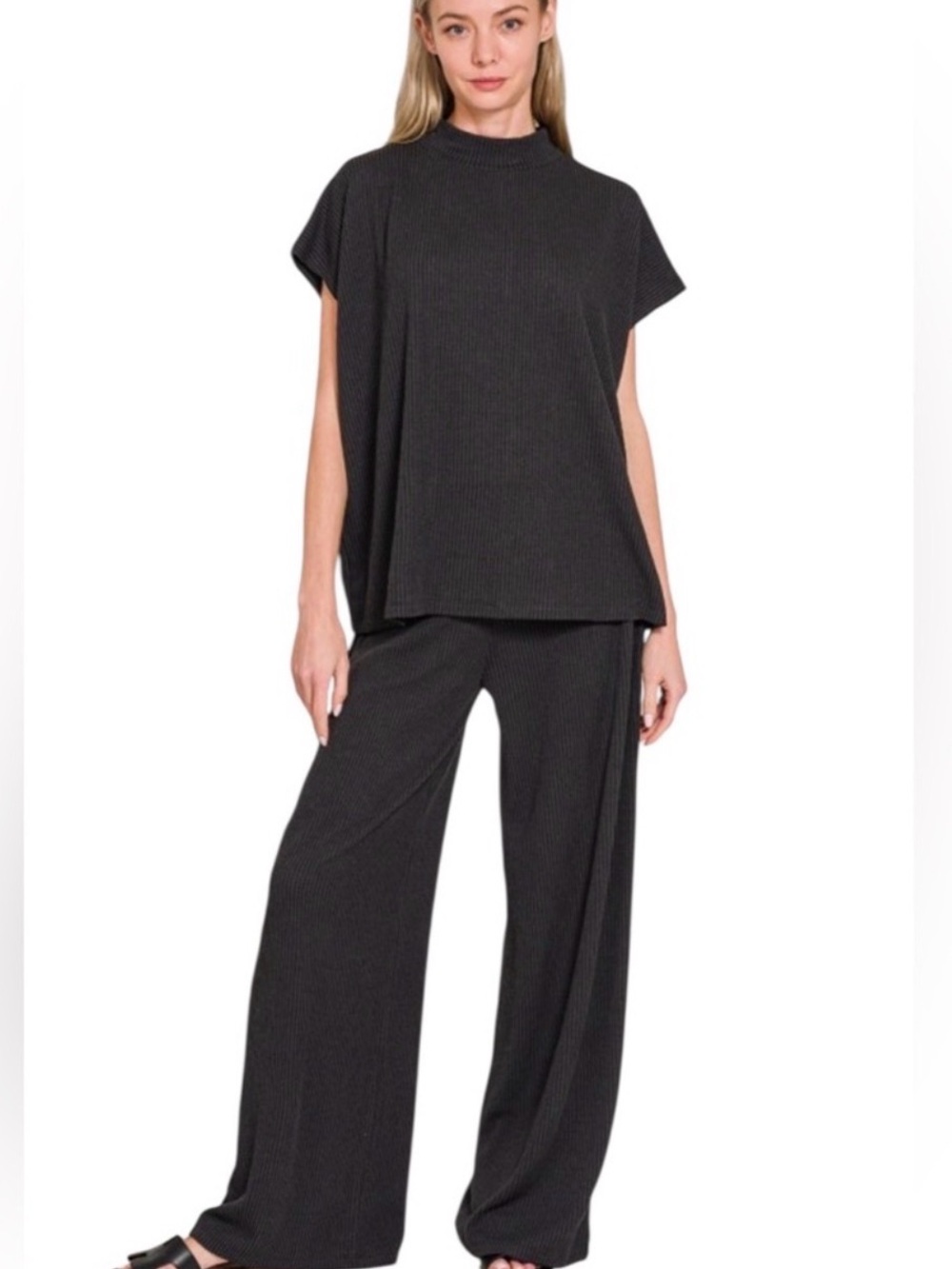K113 Zenana Relaxed Mock Neck Dolman Sleeve Ribbed Pant Set Various Colors NEW!
